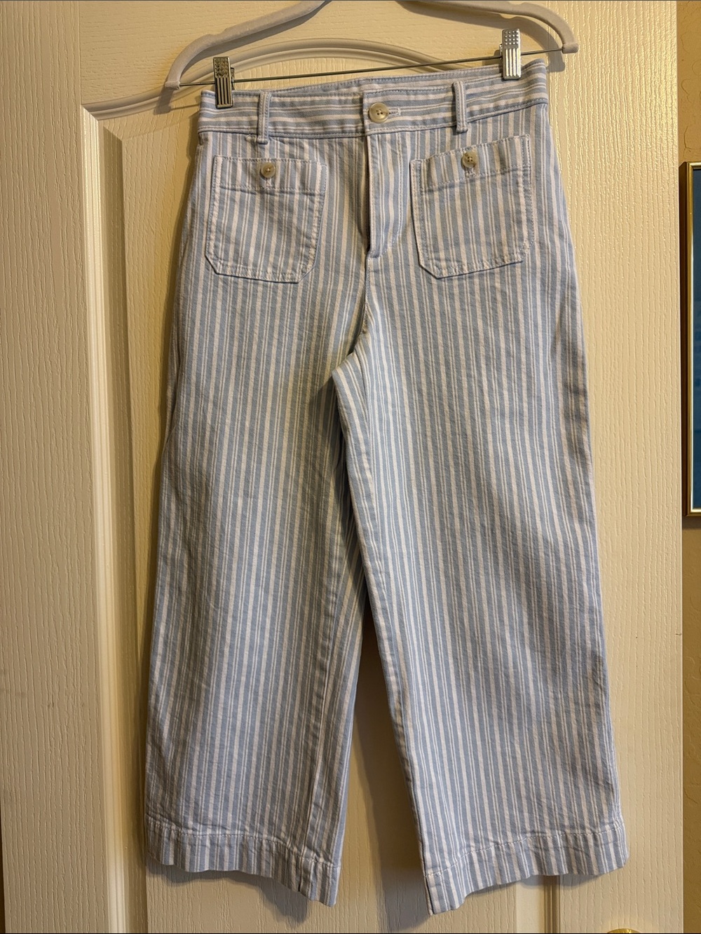 LOFT Light Blue and White Striped Cropped Jeans